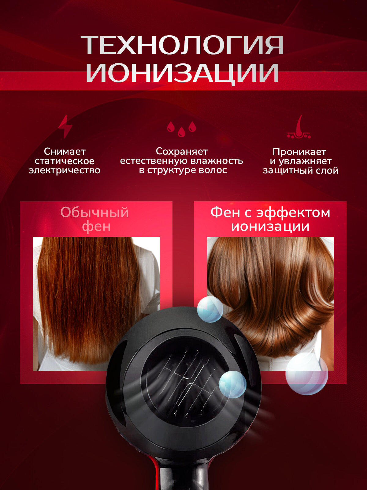 Фен для укладки волос локонов профессиональный с насадками с ионизацией мощный с холодным воздухом с регулировкой температуры черный — фото 1