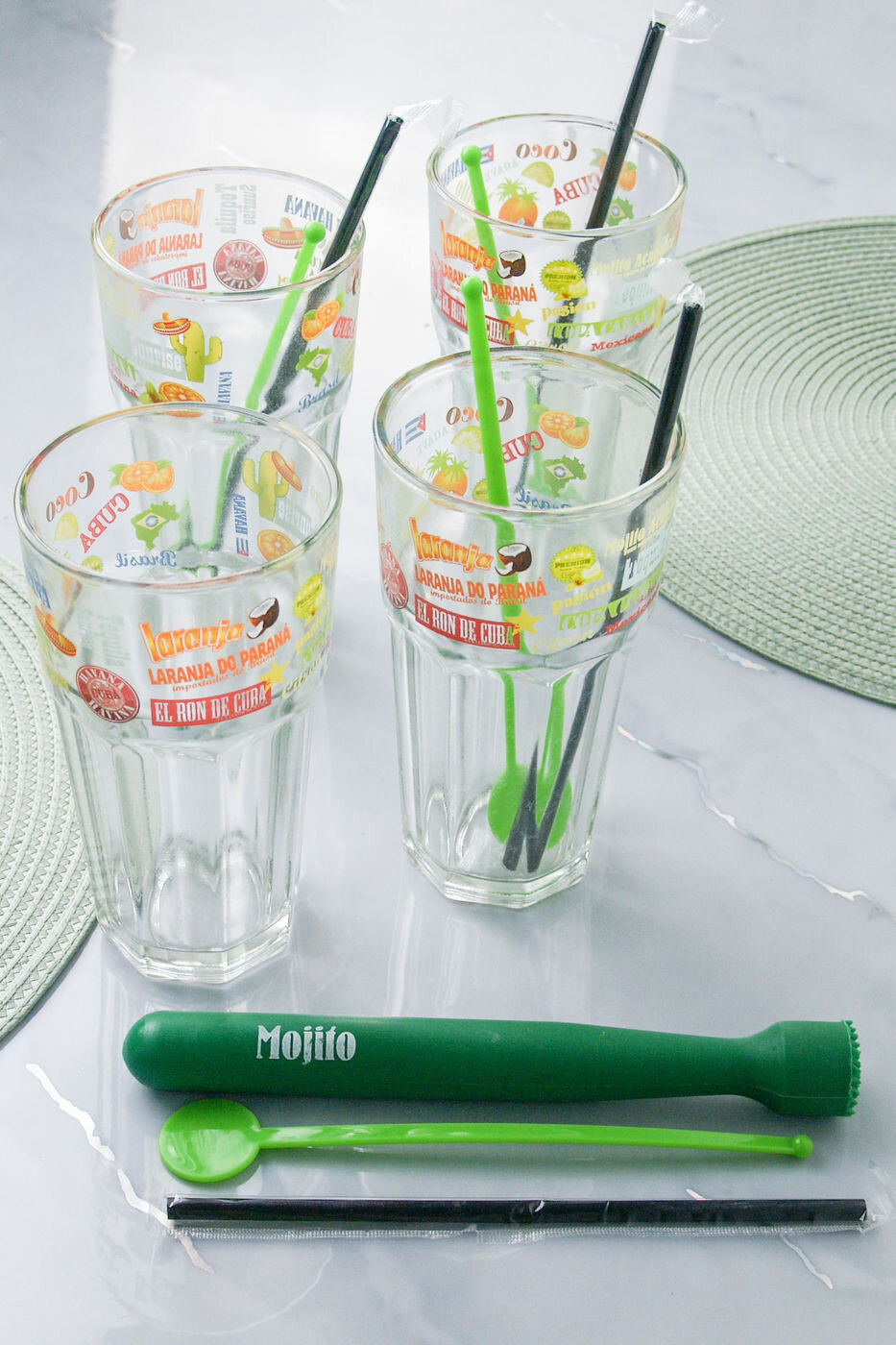 Набор для коктейлей 'привет, карибы!', 4 стакана, мадлер, соломинки, ложечки для перемешивания, Koopman International CC2000110