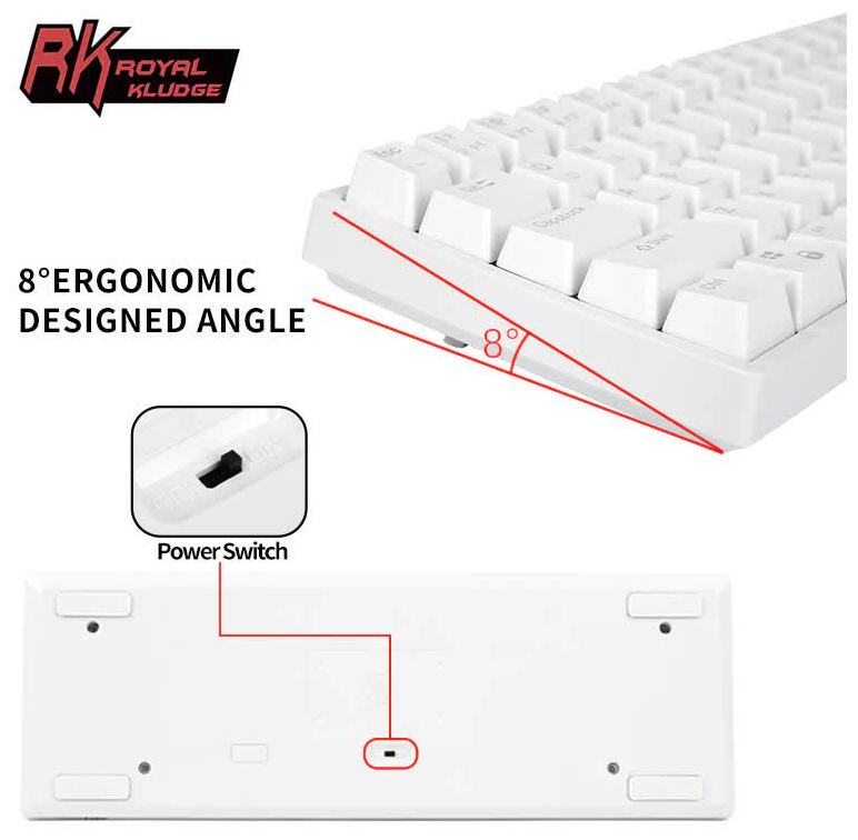 Клавиатура Royal Kludge подключение: BT, радиоканал 2,4 ГГц, провод, 61 клавиша, RGB подсветка, порт USB-C, 1450 mAh, RK Red, чёрная - фото №6