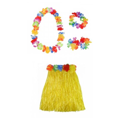 фото Гавайская юбка желтая 40 см, ожерелье лея 96 см, венок, 2 браслета (набор) happy pirate