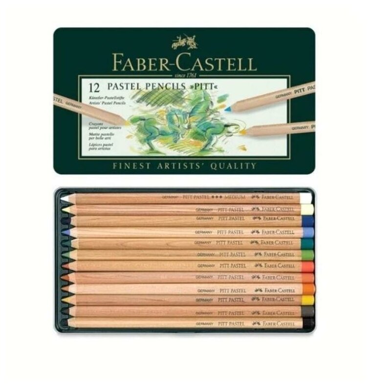 Карандаши пастельные 12 цветов Faber-Castell Pitt (L=175мм, d=4.3мм, круглые) метал. коробка (112112)