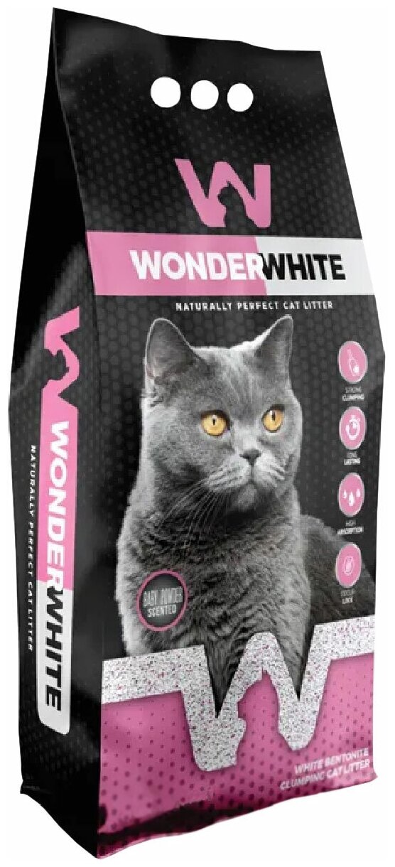 WONDER WHITE BABY POWDER наполнитель комкующийся для туалета кошек с ароматом детской присыпки (5 кг)