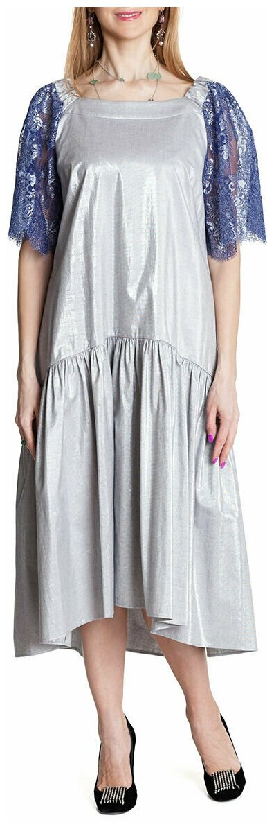 Платье-сарафан из серебристого хлопка с кружевом