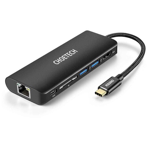 Переходник Choetech 6-in-1 Multiport USB-C Adapter Hub TORJ45 Ethrnet + PD + SD + USB3.0 (2pcs) + HDMI (HUB-m05), черный usb hub c hub hdmi adapter 10 in 1 usb c to usb 3 0 dock for macbook pro accessories usb c type c 3 1 splitter usb c hub