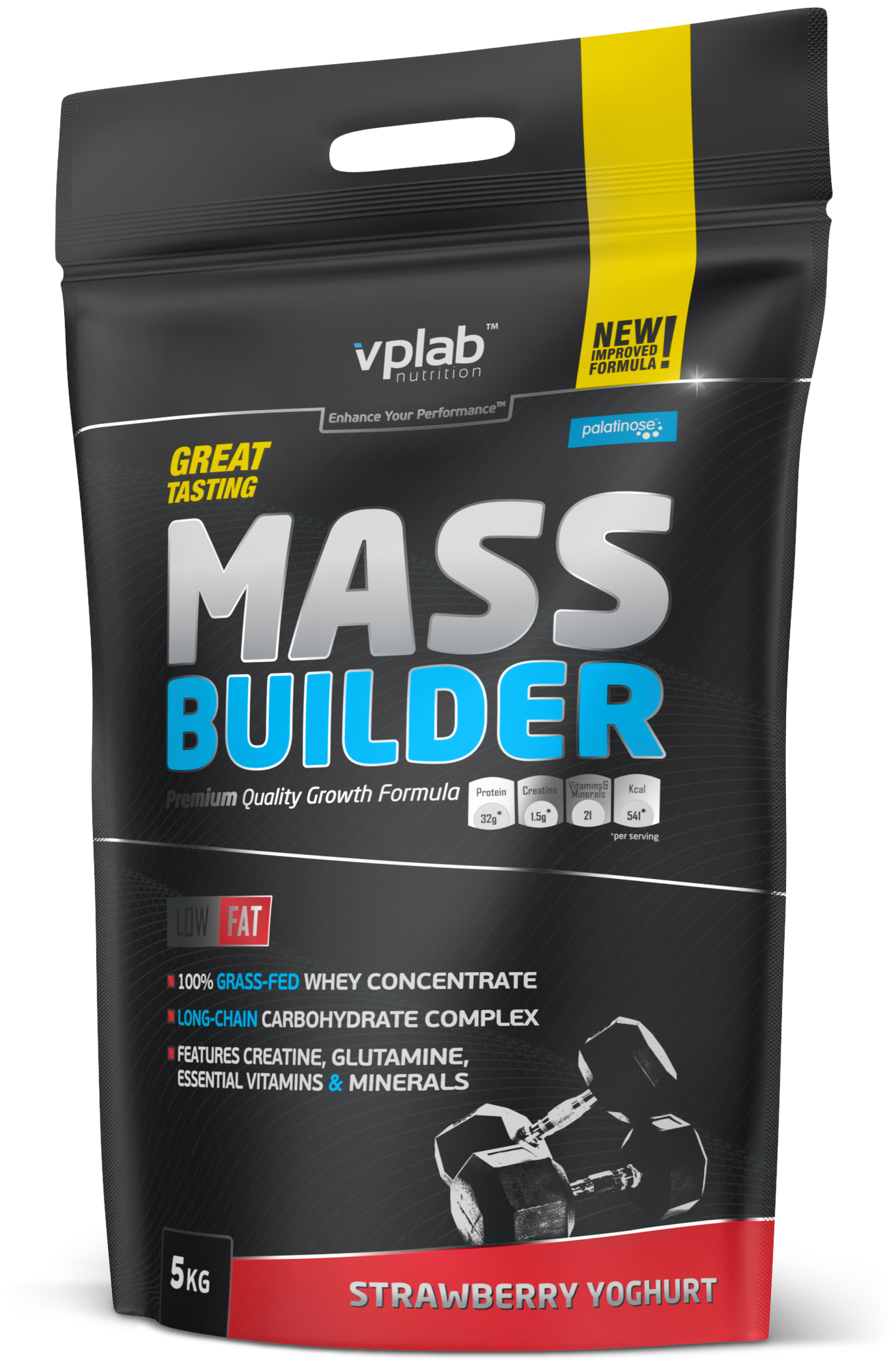 Гейнер для набора массы, протеин сывороточный, bcaa порошок, спортивное питание для мужчин и женщин, Vplab Mass Builder, клубничный йогурт, 5кг