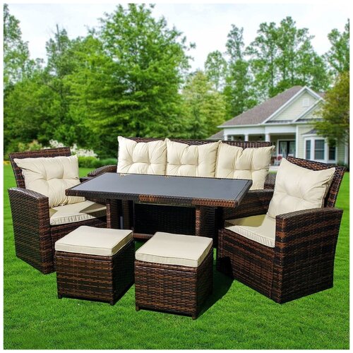 Мебель садовая Green Days, Эмилия, коричневая, стол, 120х66 см, 2 кресла, 1 диван, подушка бежевая, 150 кг