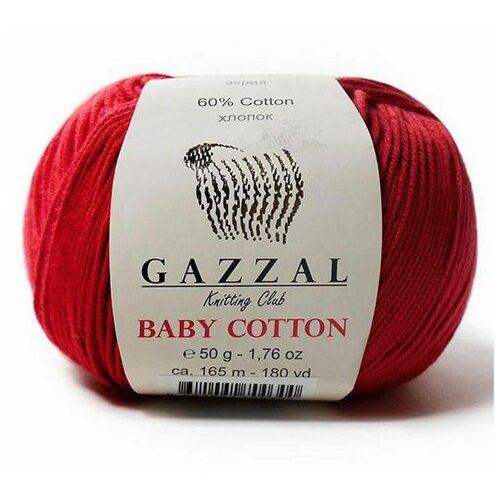 Пряжа Gazzal Baby Cotton (Газзал Беби Коттон) - 10 мотков Темно-красный (3439) 60% хлопок, 40% акрил 165м/50г пряжа gazzal baby cotton беби коттон 10 мотков цвет темно красный 3439 60% хлопок 40% акрил 50г 165м