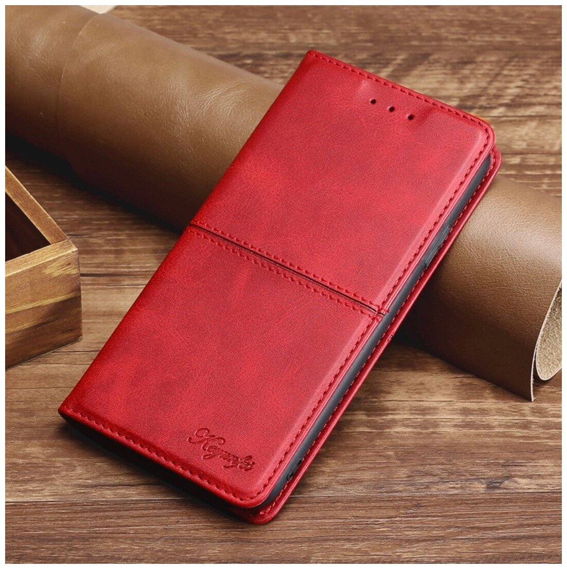 Чехол-книжка MyPads Cuciture Eleganti для Xiaomi Redmi Note 8 Pro из импортной эко-кожи прошитый элегантной прострочкой Ретро красный с магнитной.