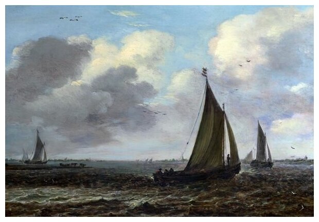 Постер на холсте Парусные суда на реке в бриз (Sailing Vessels on a River in a Breeze) 44см. x 30см.