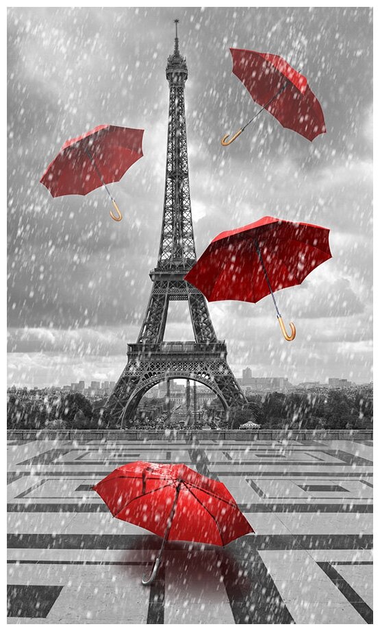 Флизелиновые фотообои Уютная стена "Летящие красные зонтики на фоне Эйфелевой башни" 160х270 см с текстурой Песок