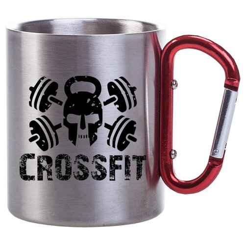 фото Металлическая кружка с карабином в подарок спортсмену crossfit - череп в шлеме, со штангами drabs