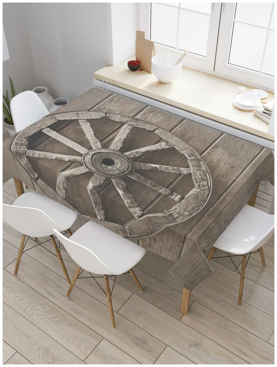 Скатерть прямоугольная JoyArty на кухонный стол "Колесо на деревянной стене" из оксфорда, 120x145 см