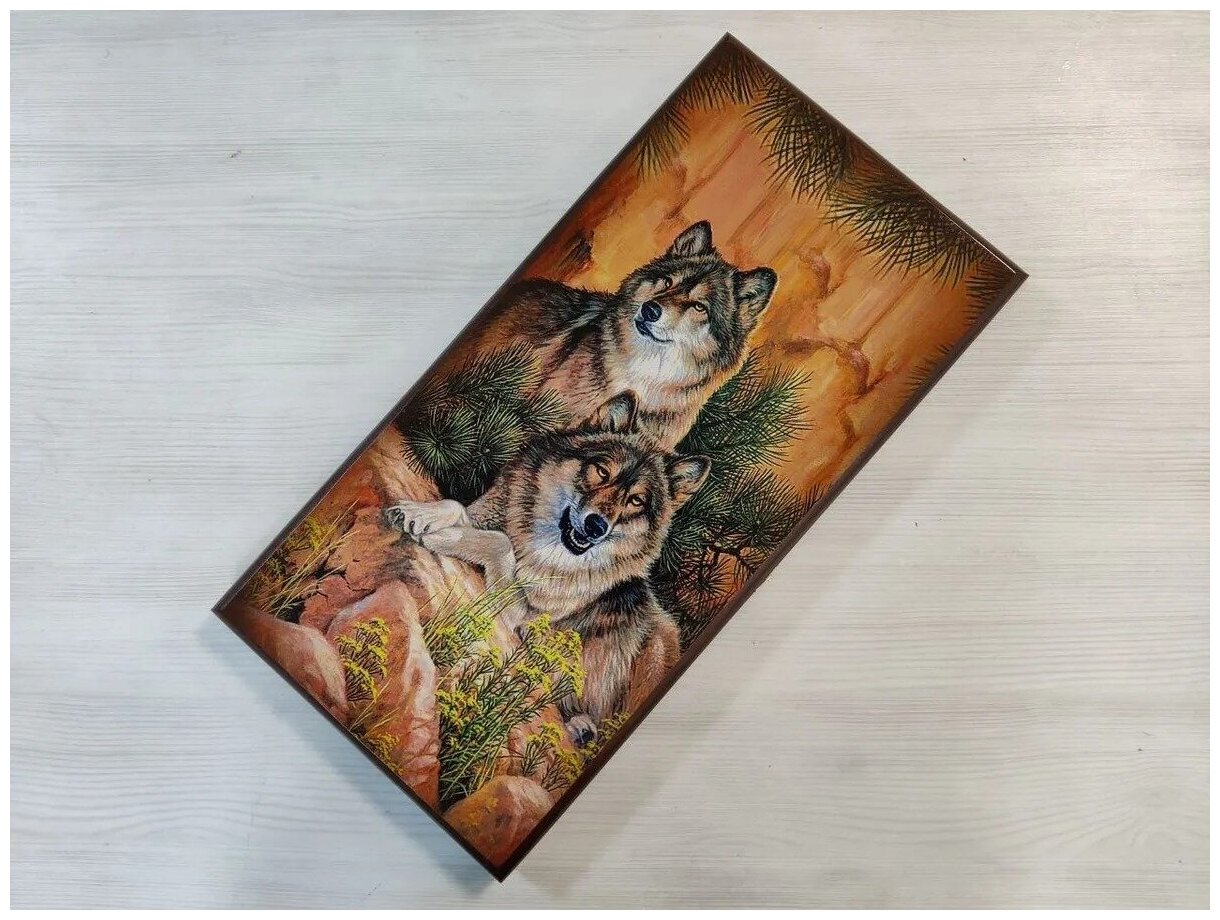 Нарды деревянные подарочные с цветным рисунком Волки средние 50 см