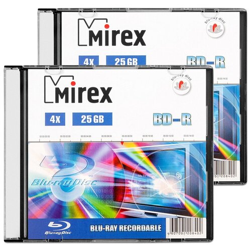 Диск BD-RMirex25Gb 4x, 2 шт. оптический диск mirex bd r 25 gb slim case 1 шт