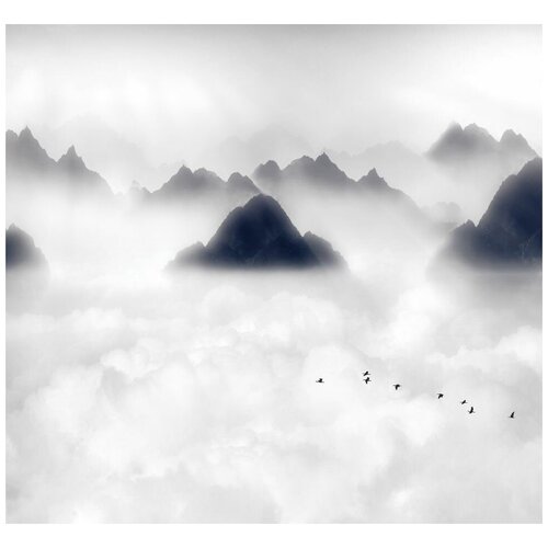Флизелиновые фотообои Уютная стена Густой плотный туман над горами 290х270 см с текстурой Песок