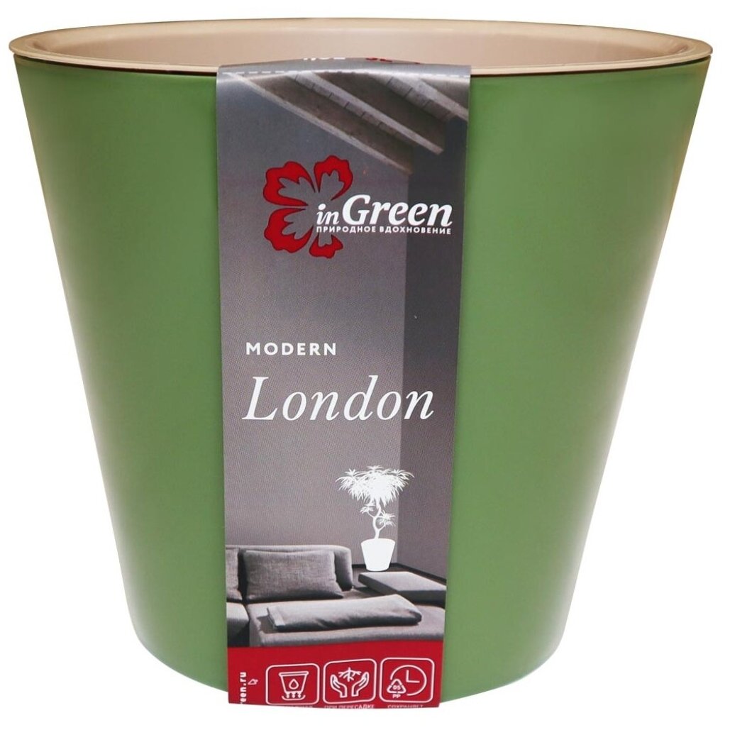 Горшок для цветов пластик, 1.6 л, 16х16 см, оливковый, InGreen, London, ING6204ОЛ