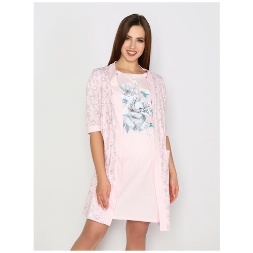 Комплект  для кормления  Style Margo, сорочка, халат, застежка пуговицы, укороченный рукав, размер 46, розовый