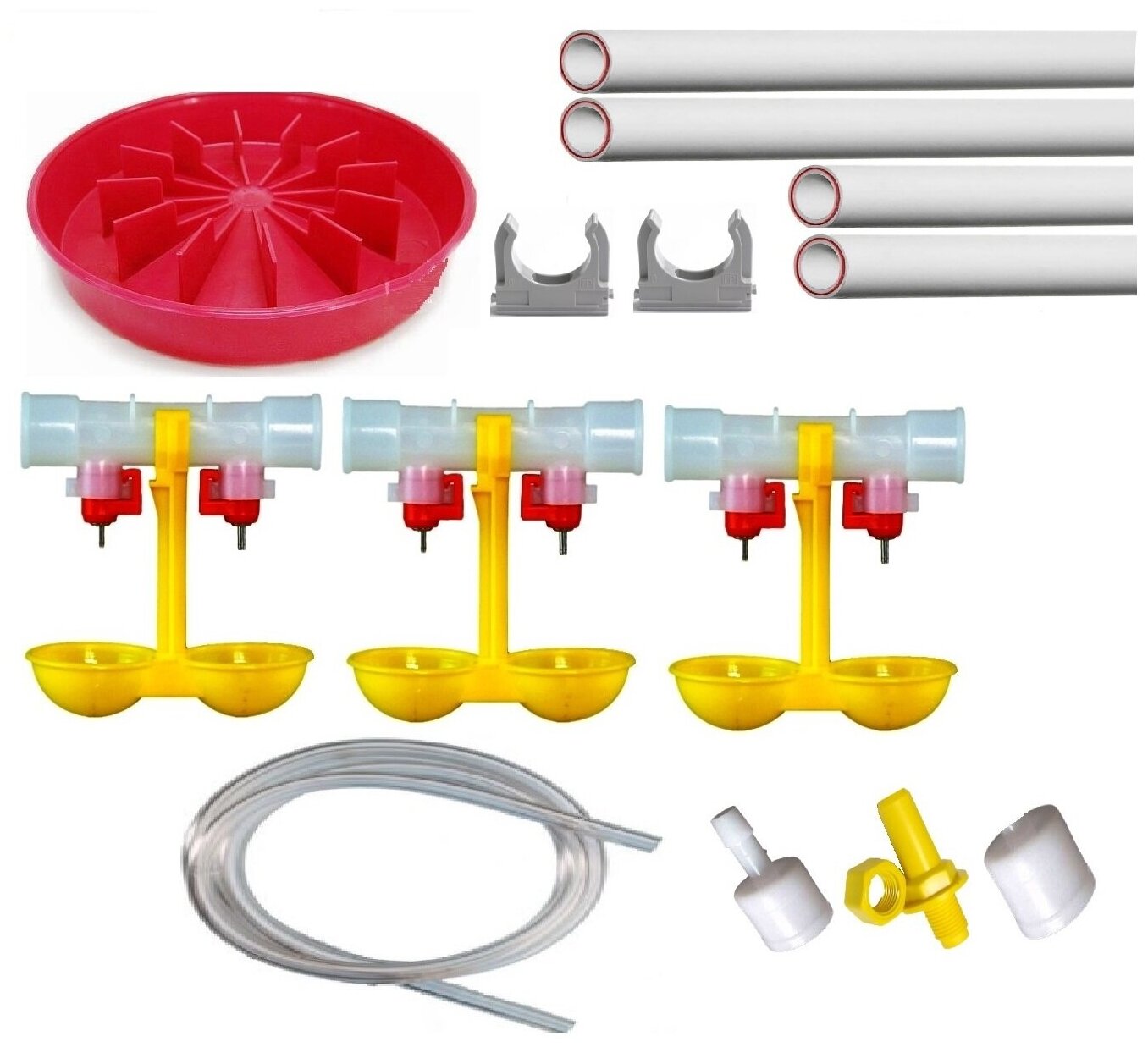 Комплект двойных ниппельных поилок 3шт +вакуумная кормушка под банку +труба +комплектущие для птиц цыплят бройлеров перепелов в клетке брудере поилка для индеек индюшек птенцов индюков индюшат автопои - фотография № 1