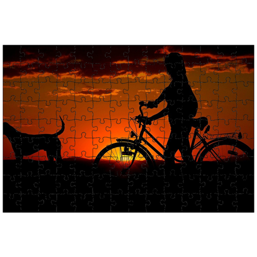 фото Магнитный пазл 27x18см."женщина, велосипед, заход солнца" на холодильник lotsprints