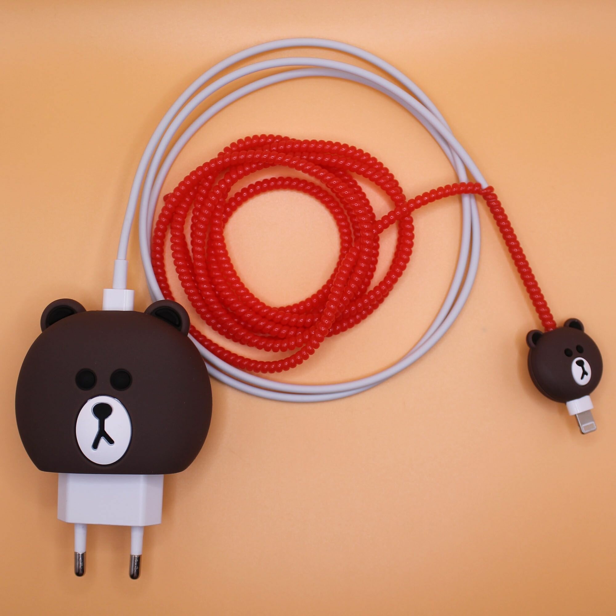 Комплект с обмоткой-спиралью для кабеля и защитный чехол для зарядки / защита кабеля от излома / Медвежонок (красный)