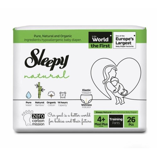 Подгузники Sleepy Natural Jumbo Maxi Plus 4+ 26шт. 9-16кг. sleepy natural panty diapers size 5 junior 4 x2 jumbo 192 pieces