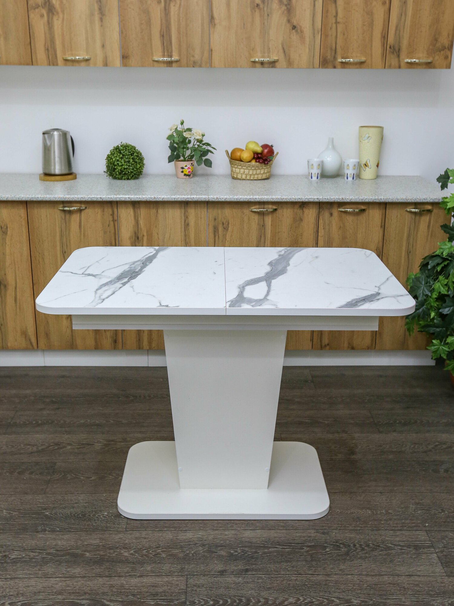 Стол кухонный раздвижной на одной ножке Грант 1080 (1370)*680*770 пластик белый мрамор / стол обеденный / стол кухонный раскладной