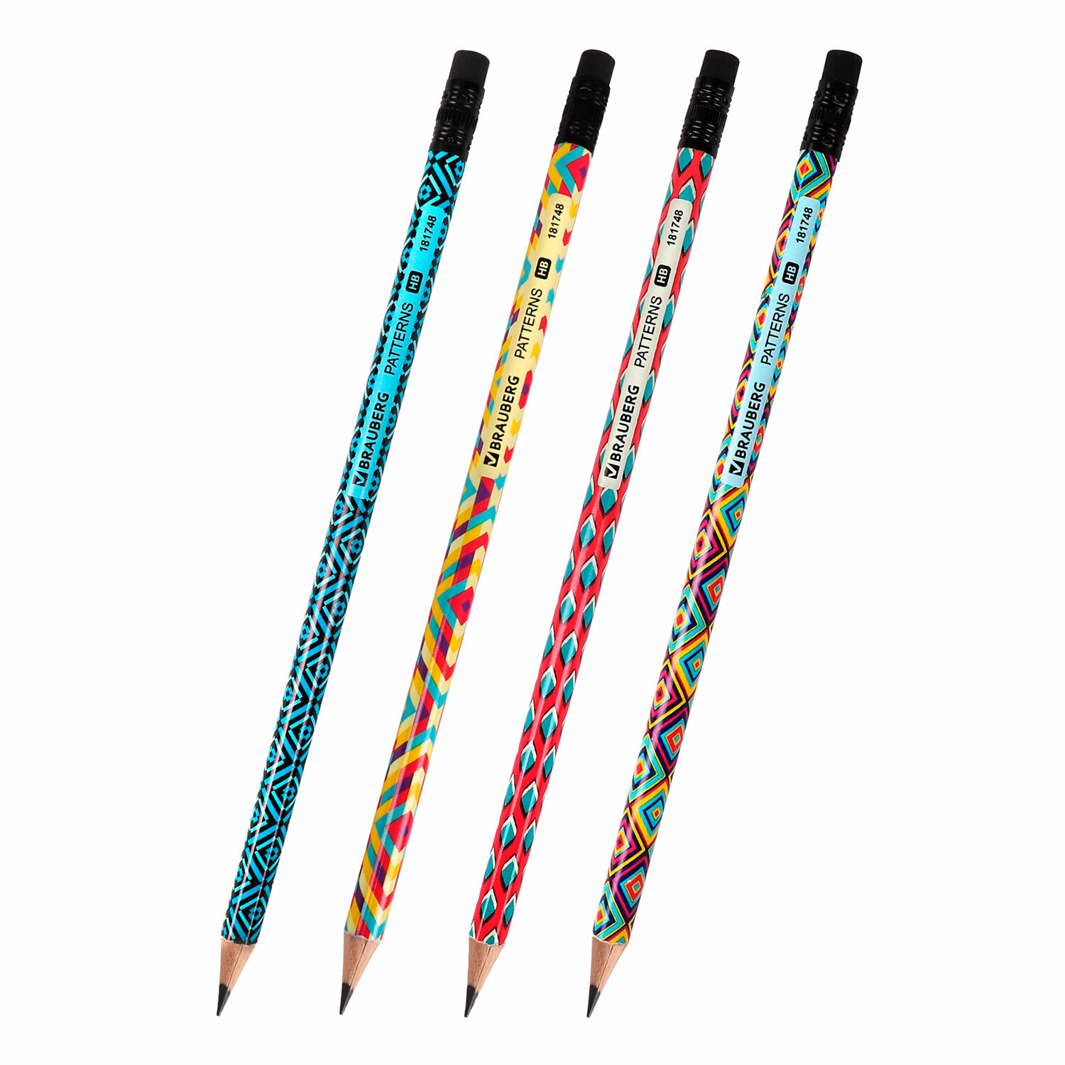 Упаковка 72 шт. Карандаш чернографитный BRAUBERG "PATTERNS", 1 шт, HB, с ластиком, корпус ассорти, 181748