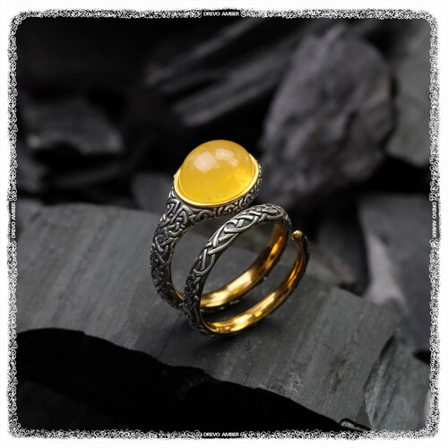 фото Кольцо drevo серебряное кольцо с янтарной вставкой 16 - 16.5 р-р., серебро, 925 проба, золочение, янтарь, золотой, желтый