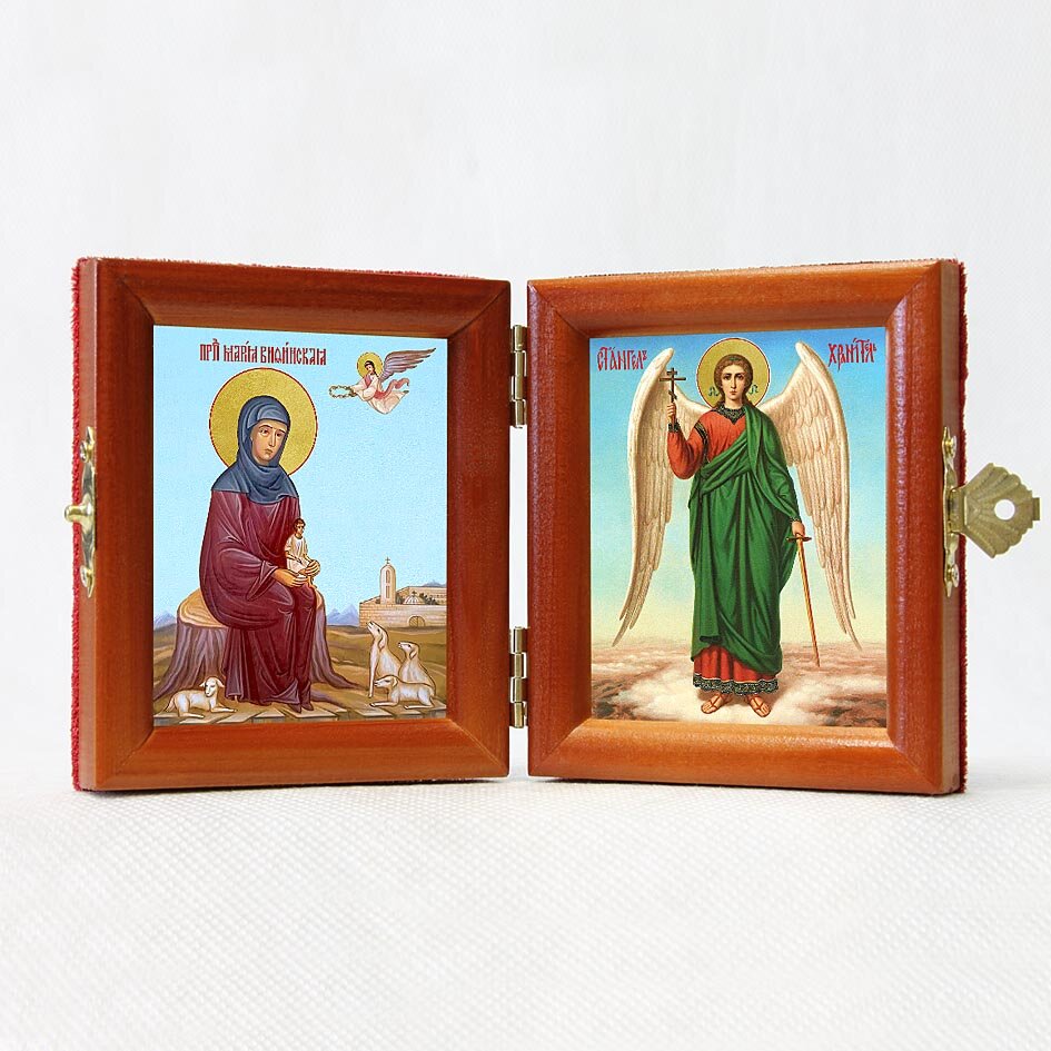 Складень именной "Преподобная Мария Вифинская - Ангел Хранитель", из двух икон 8*9,5 см