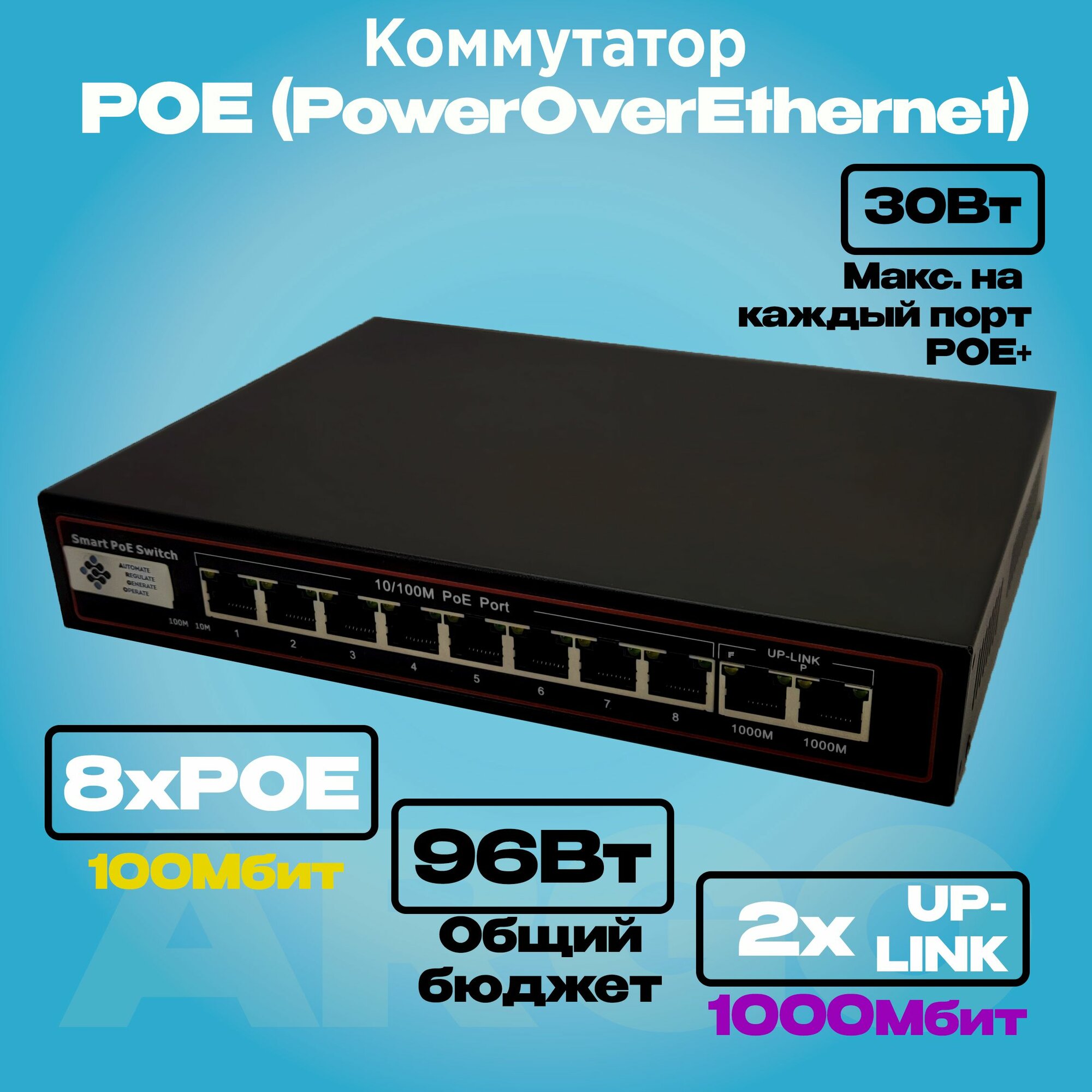 Коммутатор ARGO 8хPOE(100Мбит) + 2x(1ГБит-uplink) 96Вт