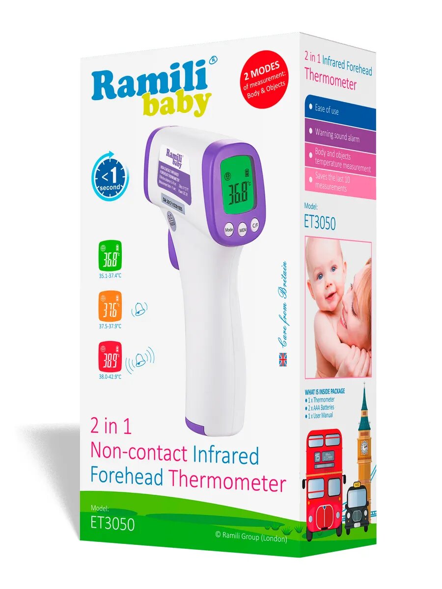 Изображение Бесконтактный лобный термометр (2 в 1) Ramili ET3050