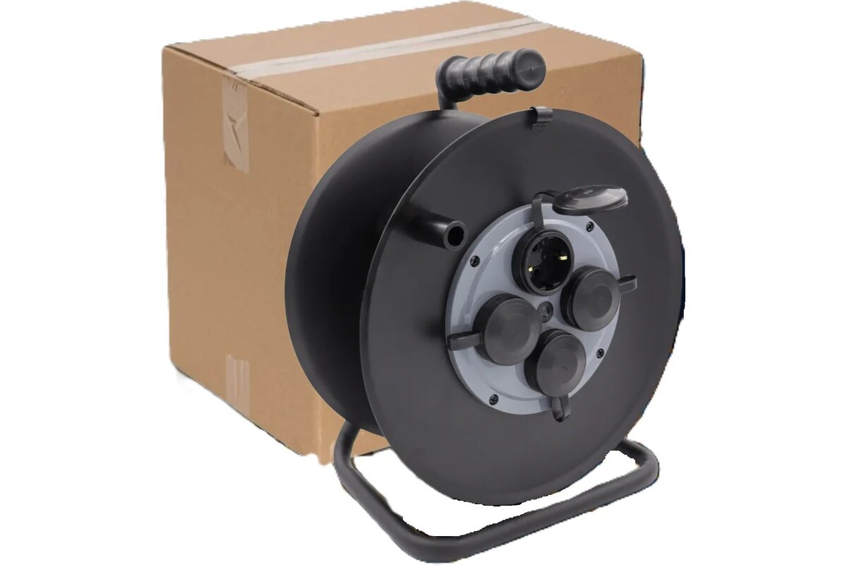 SVET Удлинитель на металлической катушке морозостойкий хозяйственный УХз-16-4-50-КМ КГ 3х2,5 с крышками, 50 м, 4 розетки с заземлением, IP44, 16А, 4000Вт 3109-20031