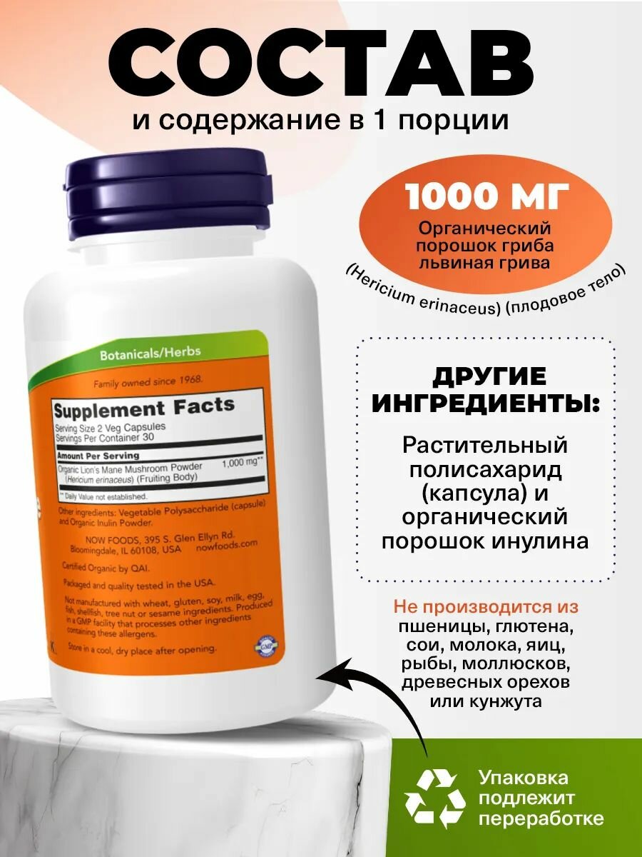 Картинки NOW Lion's Mane 500mg, Eжовик гребенчатый (гриб Львиная грива), 500 мг 60 капсул, для мозга, для сердца и сосудов