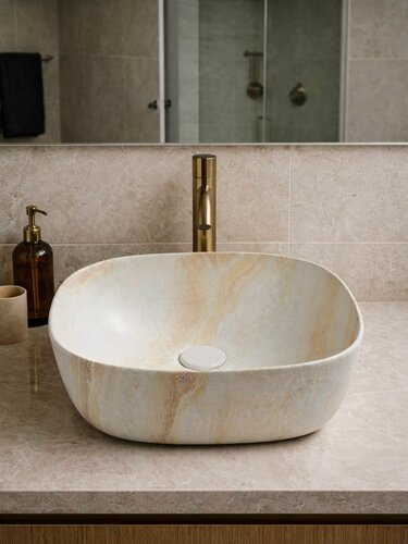 Изображение товара Раковина накладная для тумбы в ванную 41x41 Квадрат фарфоровая под бежевый мрамор Aurastone