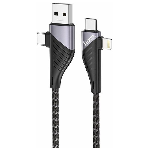 Кабель USB HOCO U95 4in1, USB/Type-C - Type-C+Lightning, 5A, 60W, 1.2 м, черный кабель usb hoco u95 4in1 usb type c type c lightning 5a 60w 1 2 м черный