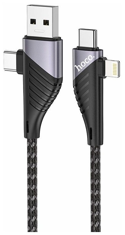 Кабель USB HOCO U95 4in1, USB/Type-C - Type-C+Lightning, 5A, 60W, 1.2 м, черный