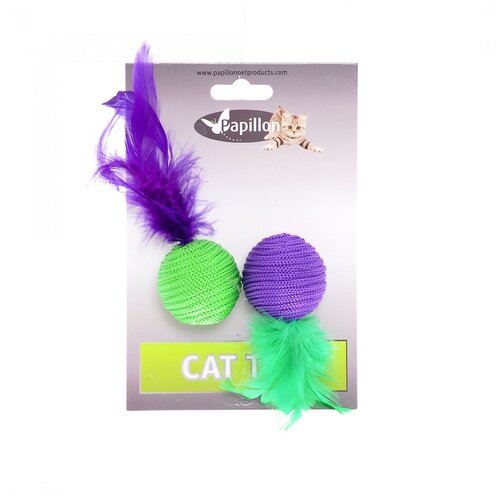 Papillon игрушка для кошек два мячика с перьями 2х4см, сat toy 2 balls 4 cm with feather on card[22] papillon мышка и мячик с перьями 5 4см серебряно золотые сat toy mouse 5 cm and ball 4 cm with feather on card