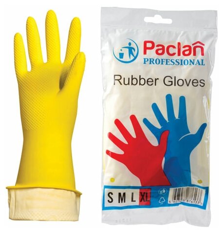 PACLAN Перчатки хозяйственные латексные, х/б напыление, размер xl (очень большой), желтые, paclan professional , 15 шт.