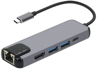 Хаб/Переходник/Концентратор USB Type C Hub + Ethernet адаптер сетевой "5 в 1" HDMI 4K/RJ-45/2xUSB 3.0!/Type-C Power