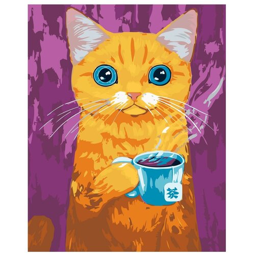 Картина по номерам, Живопись по номерам, 48 x 60, A436, Рыжий кот, чашка чая, Япония, традиции, Китай, аромат, горячий