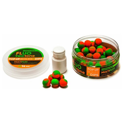 Плавающие бойлы FLUO two tone+DIPS с ароматом и вкусом Цитруса-морепродукты MULTIPLEX 14мм 60г