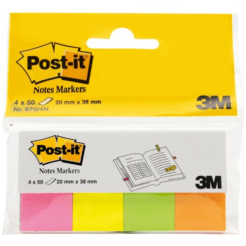 Закладки клейкие POST-IT, бумажные, 20 мм, 4 цвета х 50 шт., 670-4N