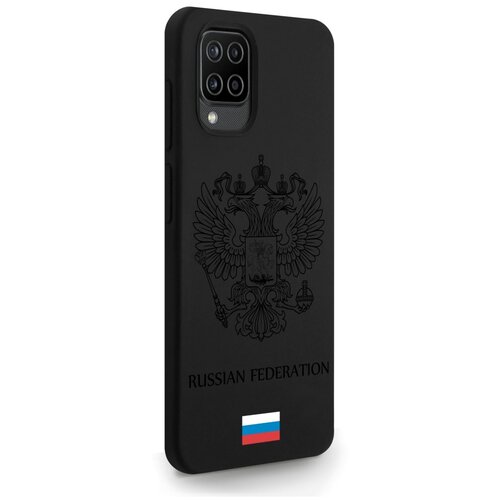 Черный силиконовый чехол MustHaveCase для Samsung Galaxy A12 Черный лаковый Герб Россия для Самсунг Галакси А12