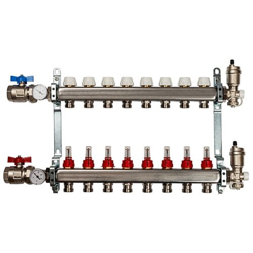 Коллекторная группа ViEiR VR113-08 1х8 выходов, с расходомерами, с кранами коллекторная группа с кранами из нержавеющей стали vieir 1 х 3 4 10 выходов
