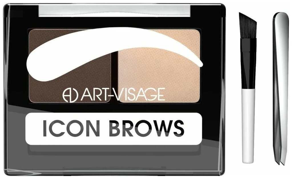 Двойные тени для бровей ICON BROWS с кисточкой и пинцетом тон 102 (брюнет) Art-Visage