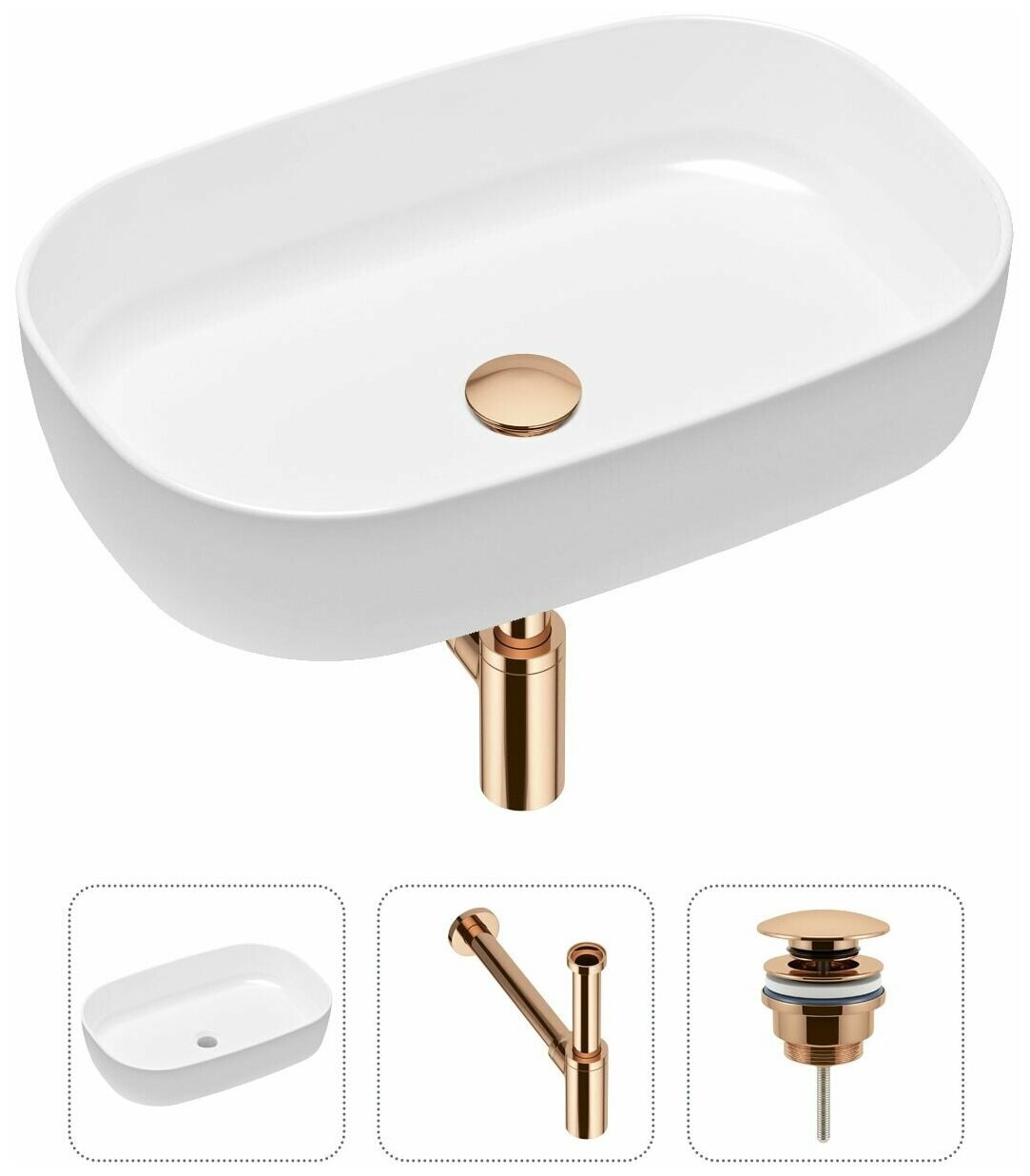 Накладная раковина в ванную Lavinia Boho Bathroom Sink Slim 21520066 в комплекте 3 в 1: умывальник белый, донный клапан и сифон в цвете розовое золото