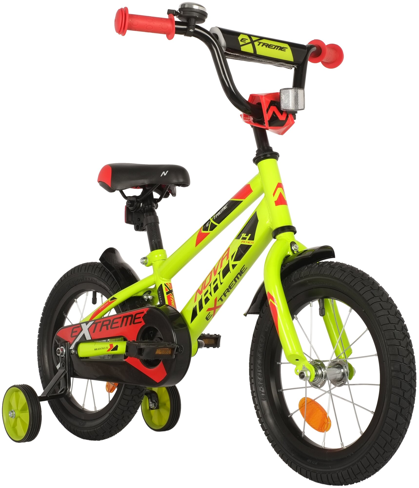 Велосипед NOVATRACK EXTREME 14" (2021) (Велосипед NOVATRACK 14" EXTREME зеленый, сталь, тормоз нож, короткие крылья, полная защ. цепи)