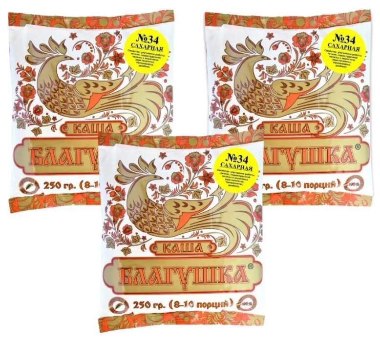 Каша быстрого приготовления "сахарная" из цельной гречи, овса, гречнево-овсяная №34 "благушка" 3 шт. по 250 гр
