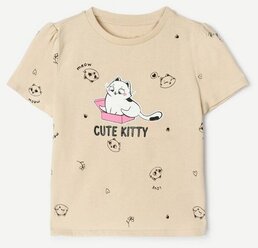 Бежевая футболка с принтом Cute kitty для девочки Gloria Jeans, размер 9-12мес/80