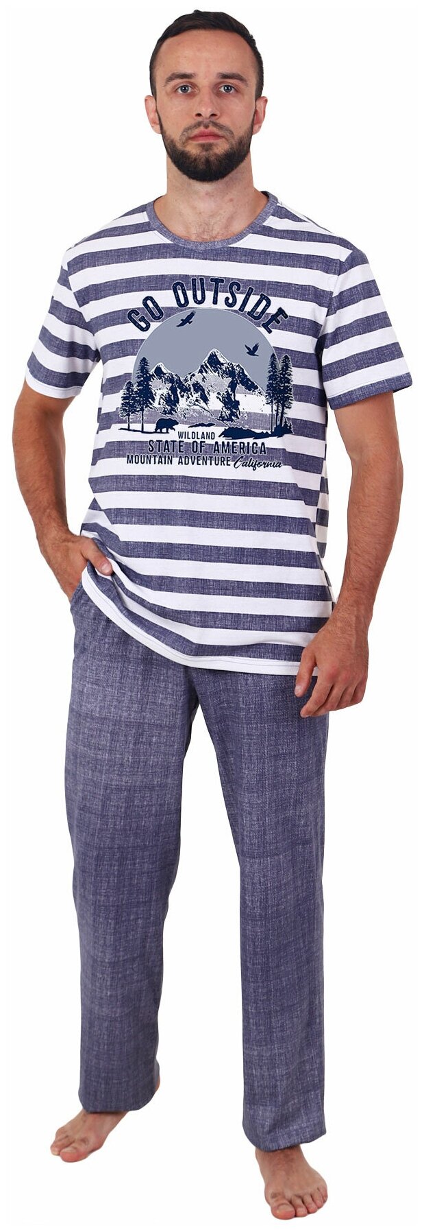 Мужская пижама Вояж Синий размер 58 Кулирка Оптима трикотаж футболка в полоску с коротким рукавом брюки с карманами - фотография № 1
